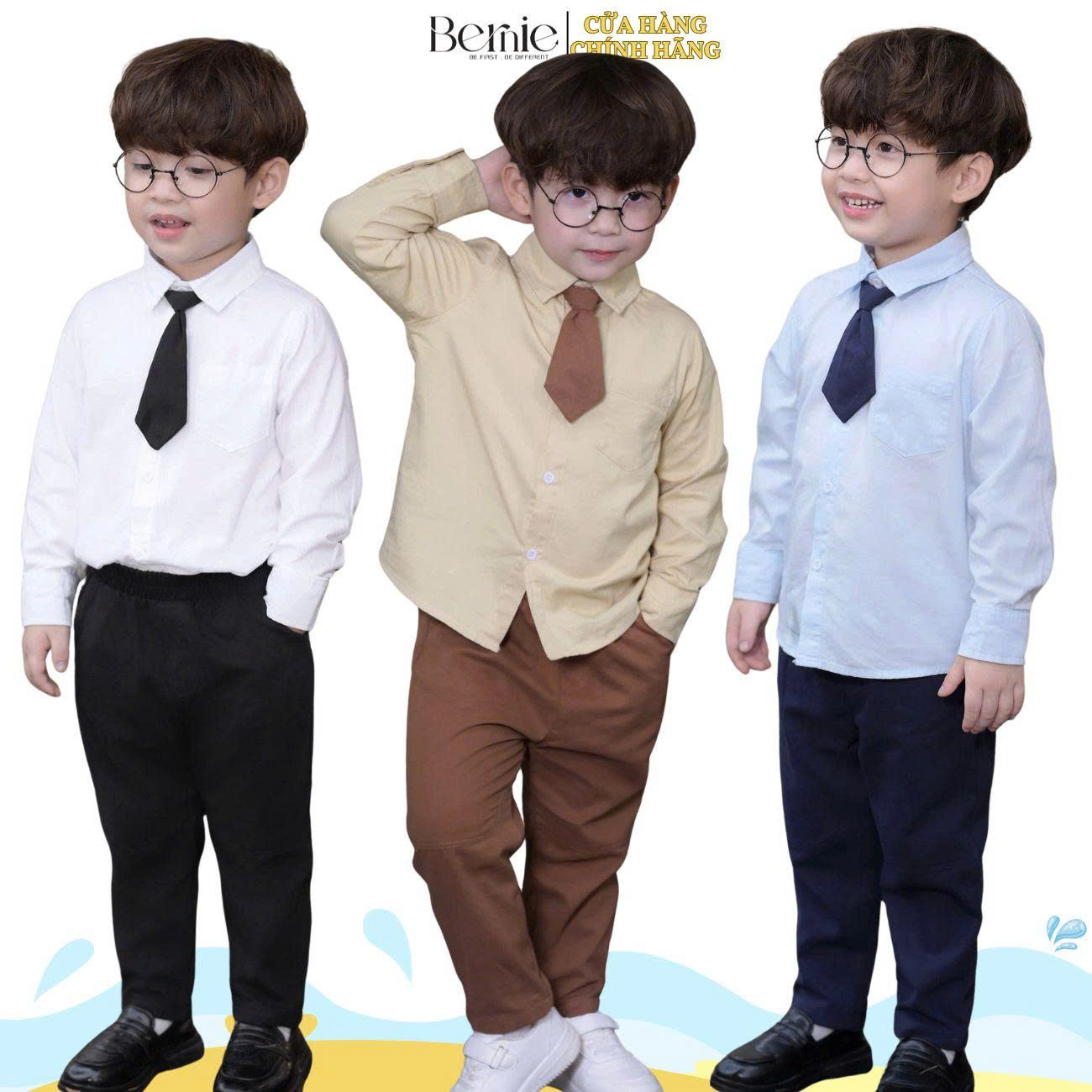  Set bộ sơ mi dài tay áo sơmi kèm quần kaki phối cà vạt bé trai Classic Boy 9đến 28kg BERNIE H0625B17 