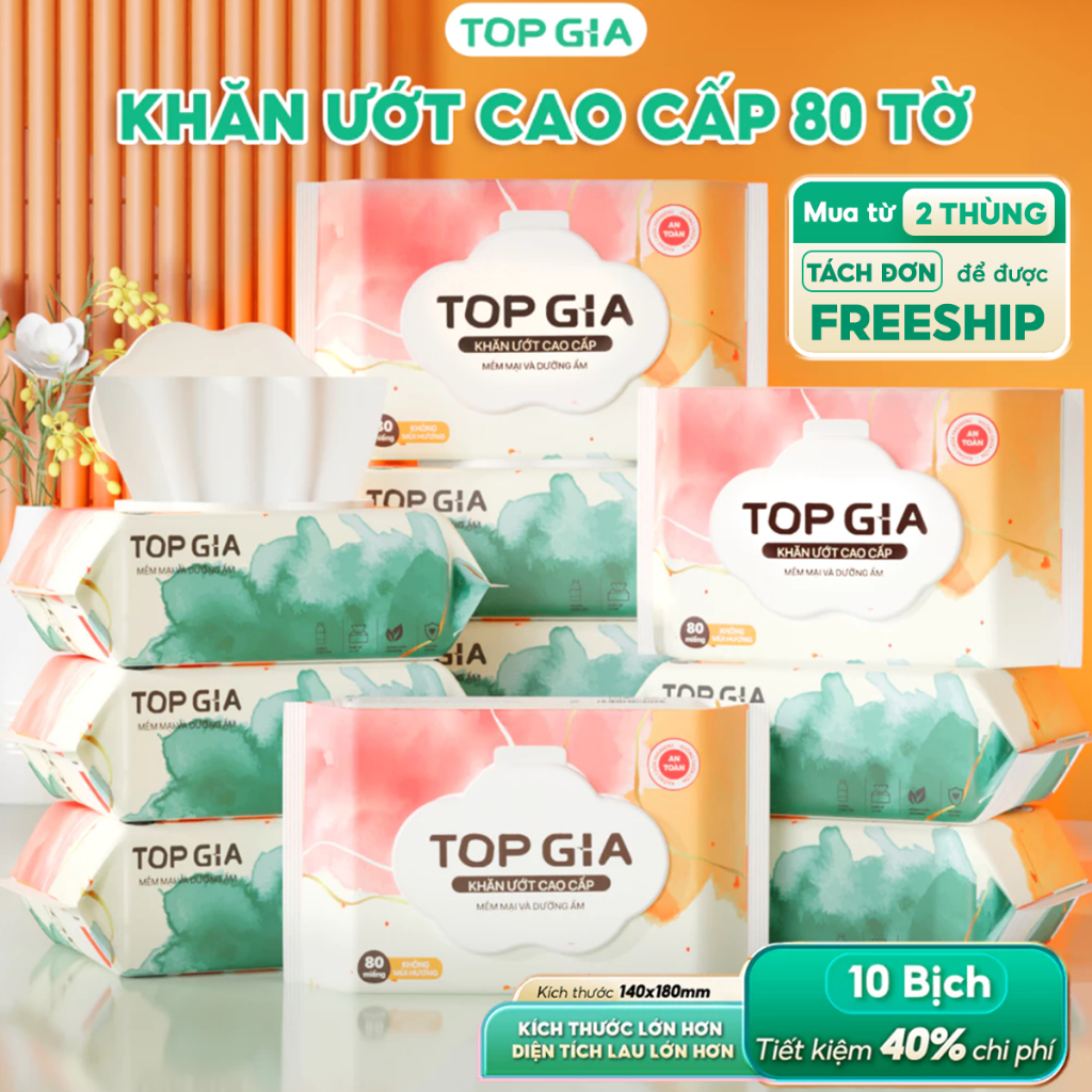 [MỚI] Khăn ướt cao cấp Topgia 80 tờ mềm mại không cồn không mùi không parabens dành cho mẹ và bé