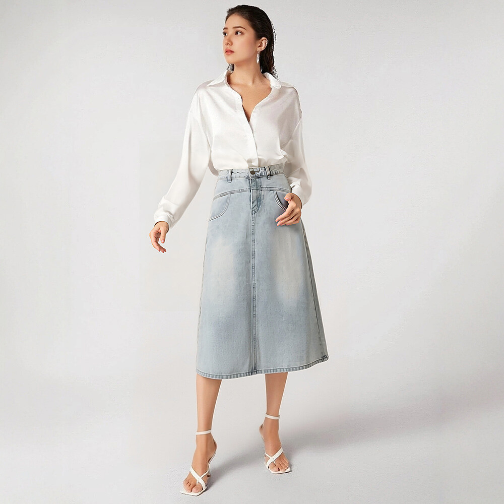 BRANCHÉ Váy nữ váy denim mùa hè phong cách chữ K có túi váy midi công sở nữ cạp cao b250121