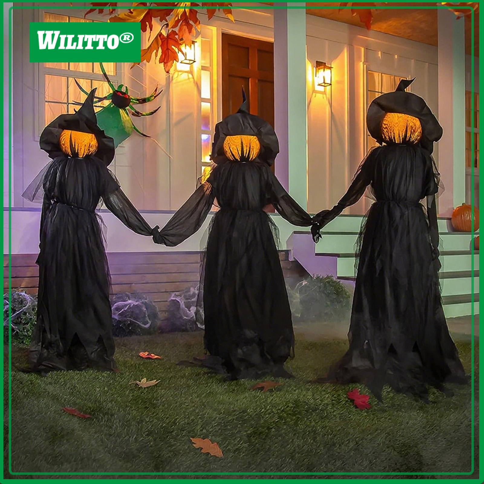 Light Up Witches Holding Hands with Stakes Sound-Activated Halloween Standing Witch Decoration with Glowing Face for Outdoor Lawn Garden Patio Decor ราคา 1,454 บาท*ส่งฟรี