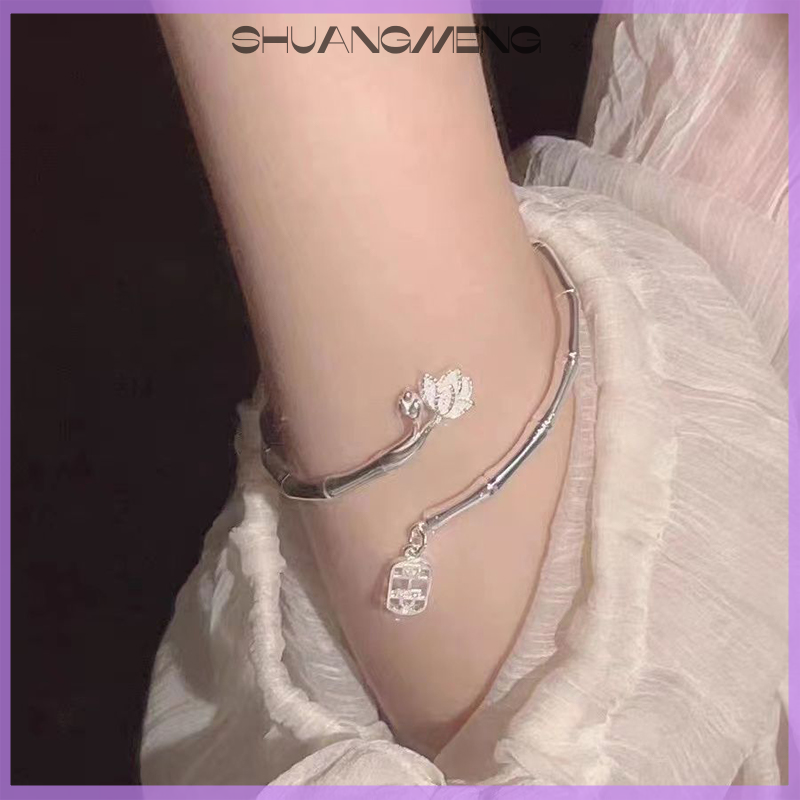 【Shuangmeng】👜👜[Bán chạy] Vòng tay mặt dây chuyền chữ rỗng vòng đeo tay hoa sen tre phước lành may mắn điều chỉnh được màu bạc cho nữ trang sức tiệc thời trang quyến rũ Kích thước có thể điều chỉnh