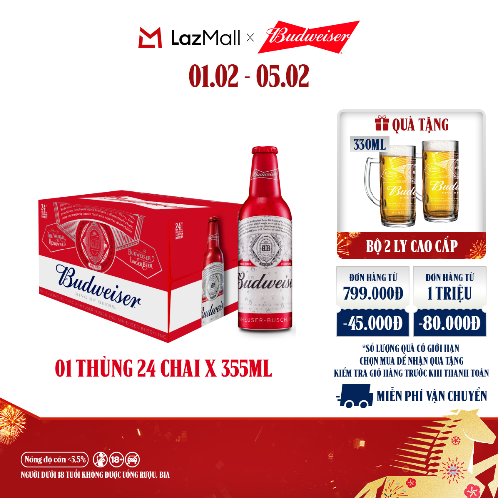 Thùng 24 Chai Aluminum Bia Budweiser Chính Hãng (355ml/ chai)