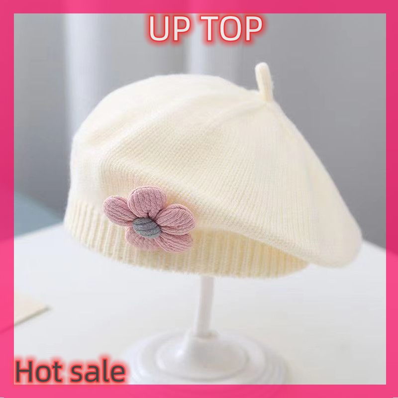 Up Top Hot Sale Flower Baby Beret Hat Solid Color Winter Warm Knitted