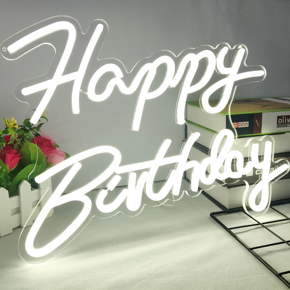 Led Happy Birthday Neon Sign for Party Decor Led Neon Light USB Powered Acrylic White 42*28cm Custom Sign Lights Home Decoration