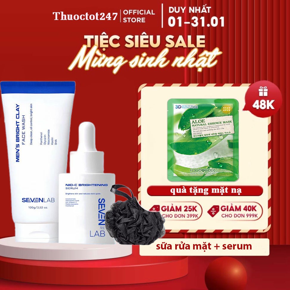 Combo serum hỗ trợ dưỡng trắng da và sữa rửa mặt giúp ngừa mụn nam giới SEVENLAB kiểm soát dầu mờ th