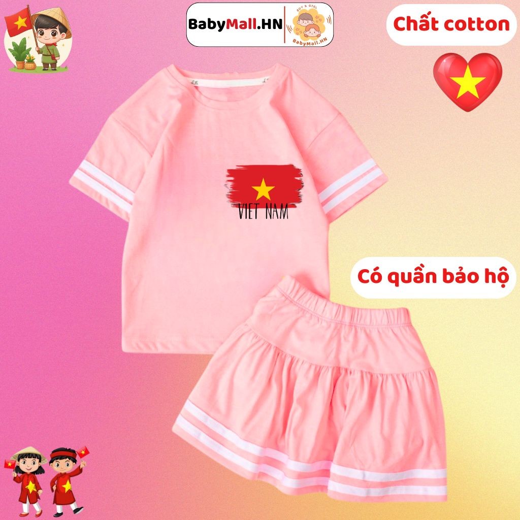 Bộ áo váy Cờ Đỏ Sao Vàng cho bé gái có quần bảo hộ BABYMALL áo Việt Nam cho bé chất cotton co dãn - 2