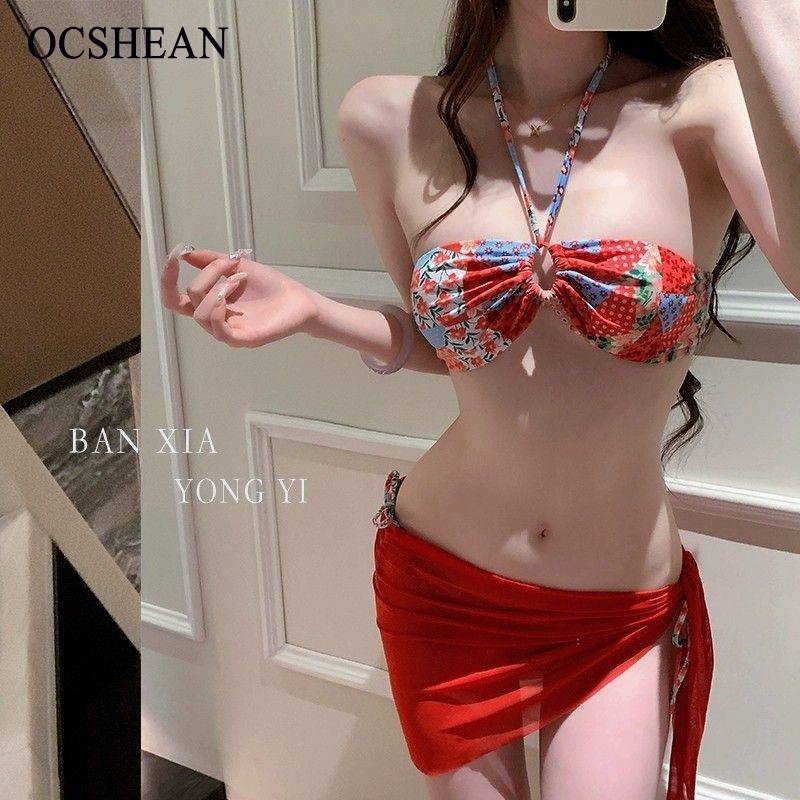 OCSHEAN ชุดว่ายน้ำบิกินี่แยกชิ้นสีแดงและสีขาวพิมพ์ลายชาติพันธุ์สำหรับผู้หญิงกระโปรงคลุมหน้าอกเล็ก ราคา 63 บาท*ส่งฟรี
