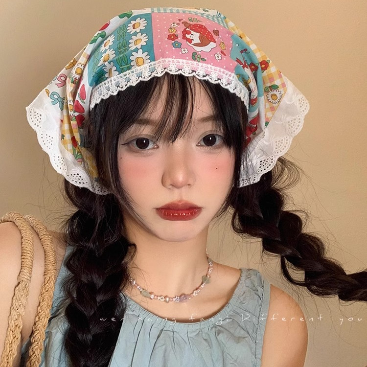 Khăn trùm đầu ren pháp cô gái mùa hè bên bờ biển dễ thương đạo cụ chụp ảnh khăn tam giác