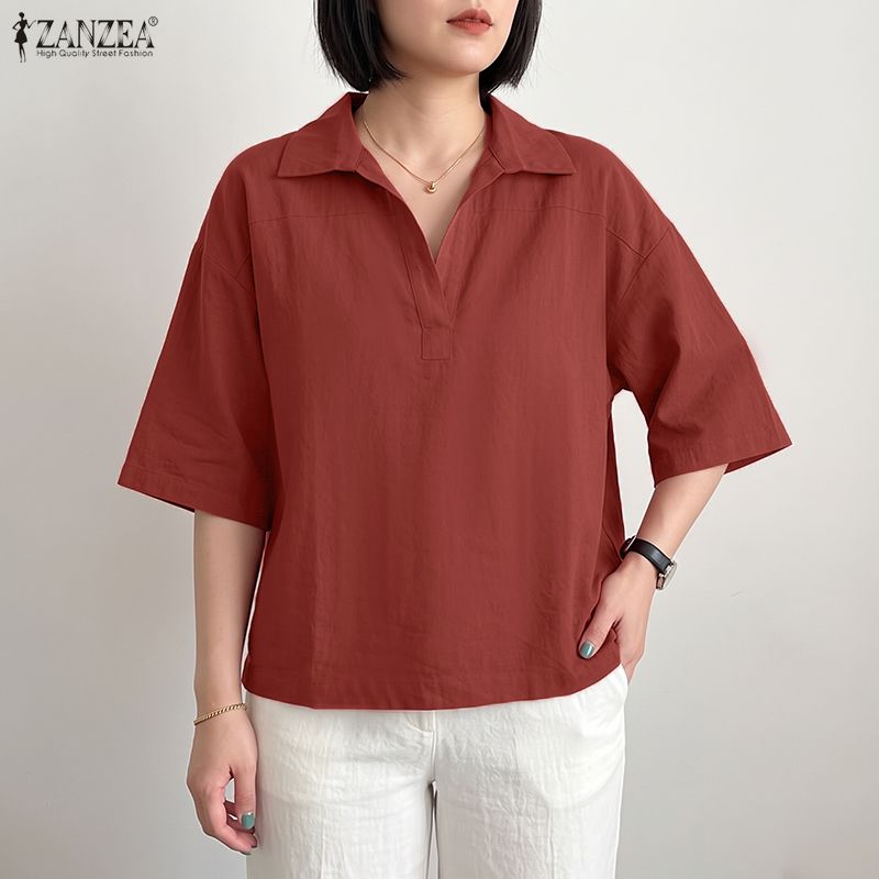 ZANZEA Korean Style Women Casual Solid Color Half-Button Shirt Half Sleeve Lapel Top #0831