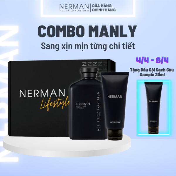 Combo Manly Nerman - Sữa tắm gội Gentleman 3in1 hương nước hoa cao cấp 350ml & Gel rửa mặt ngừa mụn Nano curcumin 100ml giá rẻ