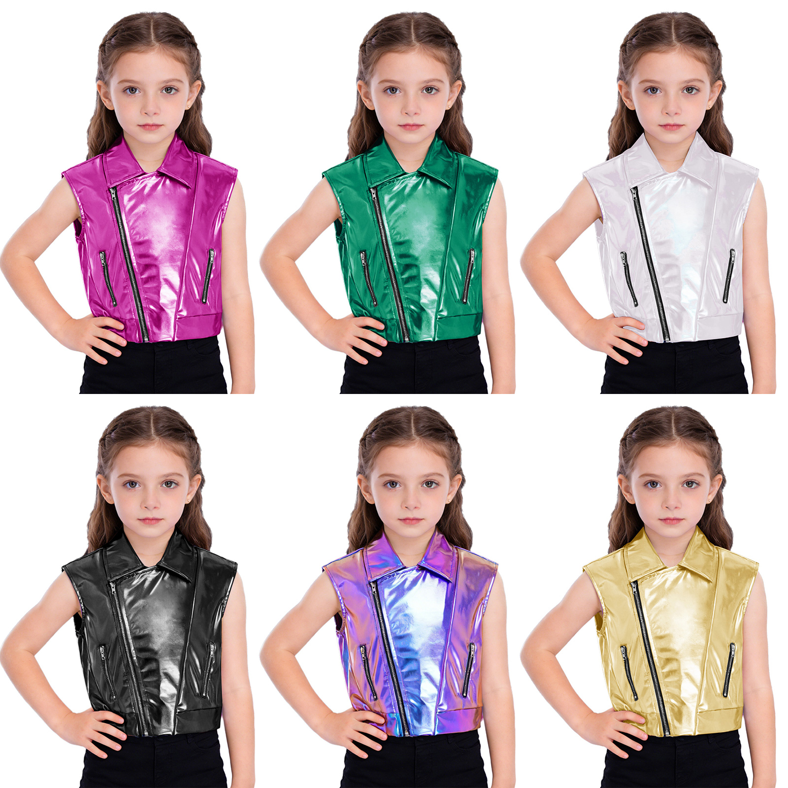 YiZYiF Unisex Kids Boys Girls Zipper Metallic Jacket Turn-Down Collar Vest Sleeveless Outerwear for Hip Hop Dance Party Stage Performance