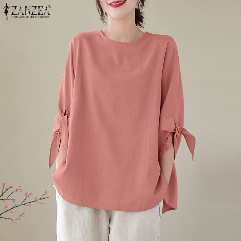Celmia ZANZEA thời trang nữ mùa thu 3/4 tay áo cánh màu trơn áo rộng giản dị O cổ baggy áo sơ mi không đều #0804