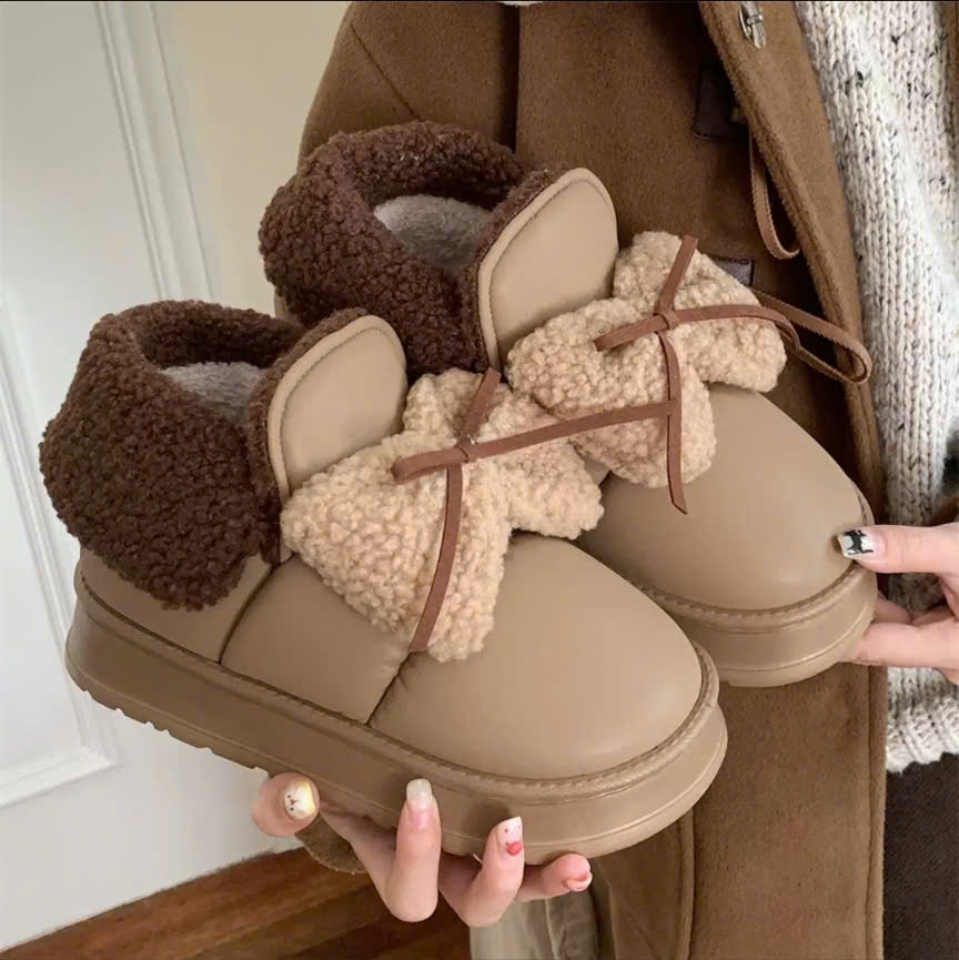 Giày Nữ Lông Cừu Siêu Ấm áp Cổ Cao Đế 4cm Phối Len Nơ Ngọt Ngào Minosa