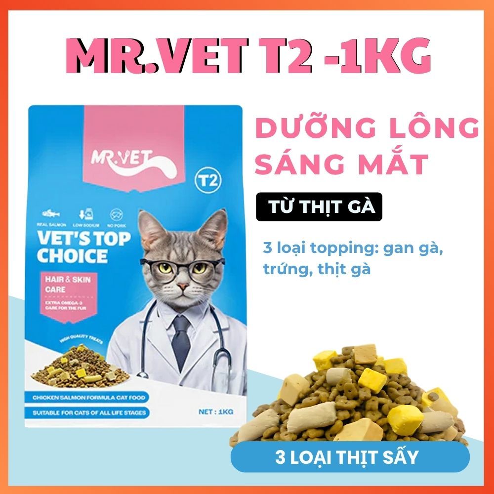 Thức ăn cho mèo MR.VET T2 túi 1kg- Hạt cho mèo Mr vet T2 tăng omega 3 dưỡng lông bóng mượt cho mèo