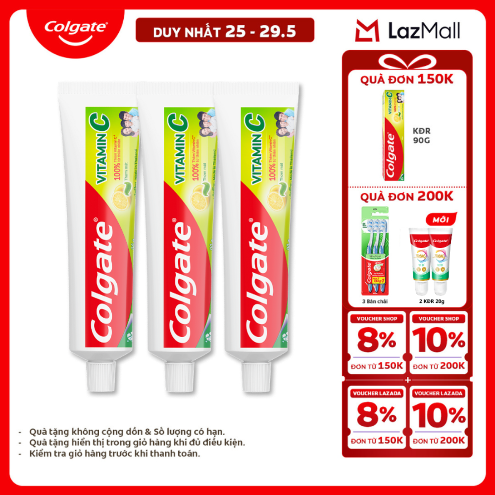 [Chỉ 25-29.5_X2 Voucher giảm 20%] Bộ 3 Kem đánh răng Colgate Vitamin C thơm mát 90g