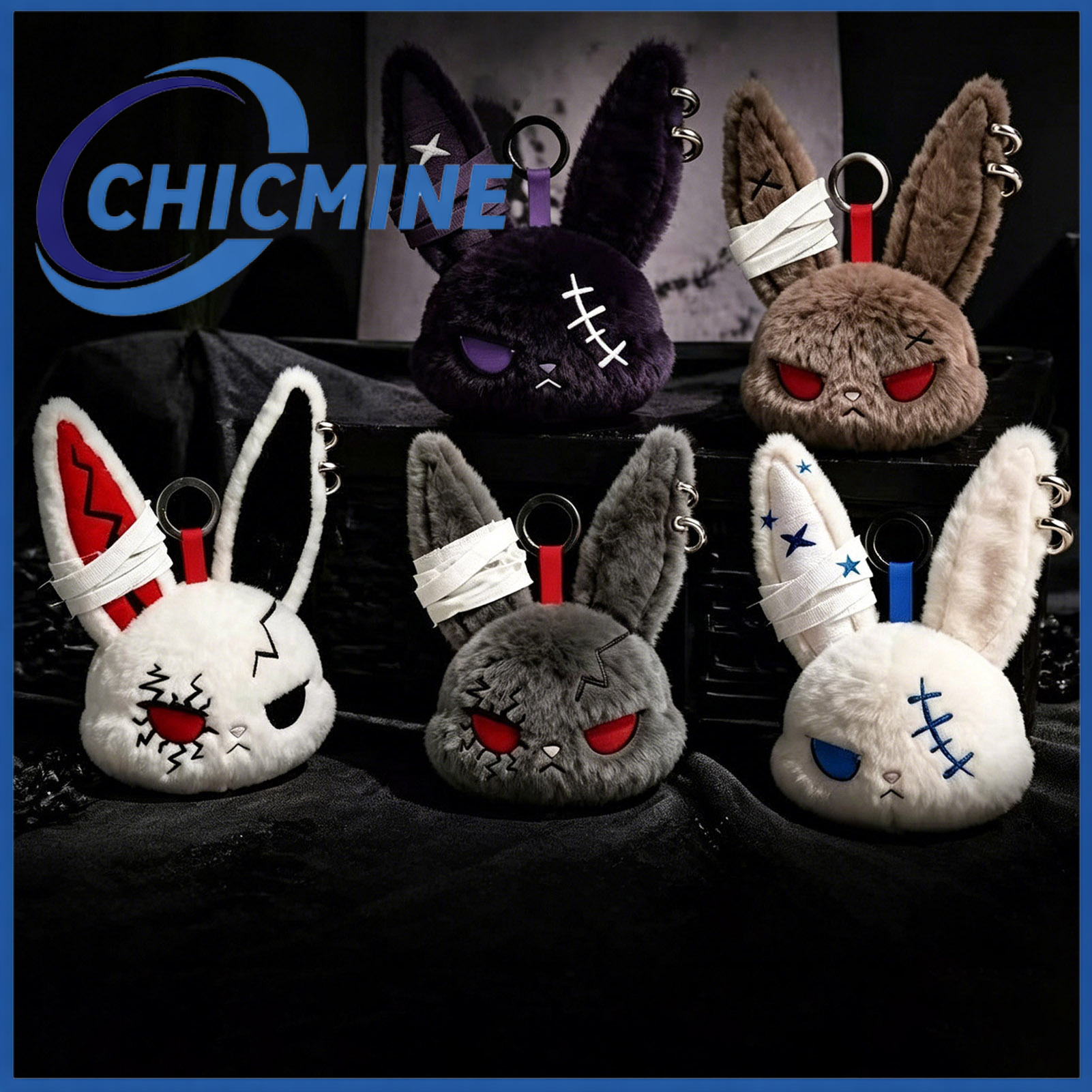 Chicmine 2pcs Plush Doll with Metal Hanging Loop, Dark Style Rabbit Pendant Plush Toy, Funny Expression Plush Doll, Stress Relief Collectible Toy ราคา 47 บาท*ส่งฟรี