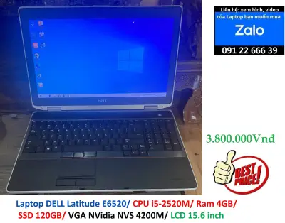 Laptop DELL Latitude E6520/ CPU i5-2520M/ Ram 4GB/ SSD 120GB/ VGA NVidia NVS 4200M/ LCD 15.6 inch