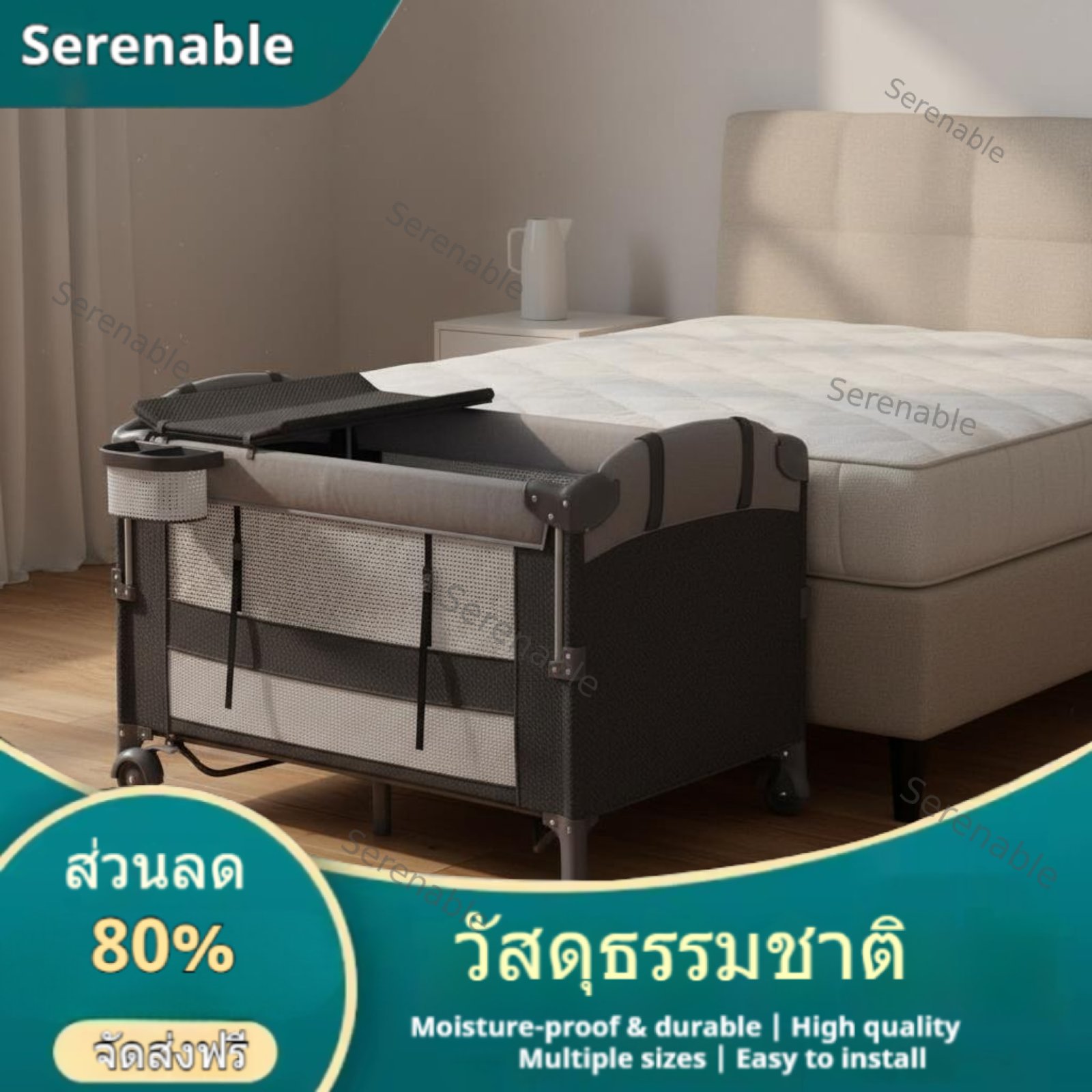 Serenable Portable Foldable Co-Sleeper Bassinet Multi-Functional Bedside Bassinet With Wheels Infant Crib Adjustable Height for Newborns Infants Toddlers Travel Bedroom Visiting Relatives Living Room