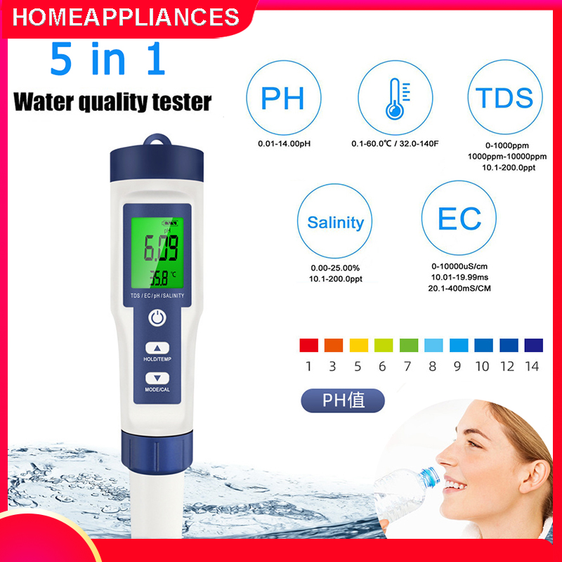 Bút kiểm tra chất lượng nước 5 trong 1, dùng để làm vườn và đo độ ph/tds/ec/độ mặn/nhiệt độ