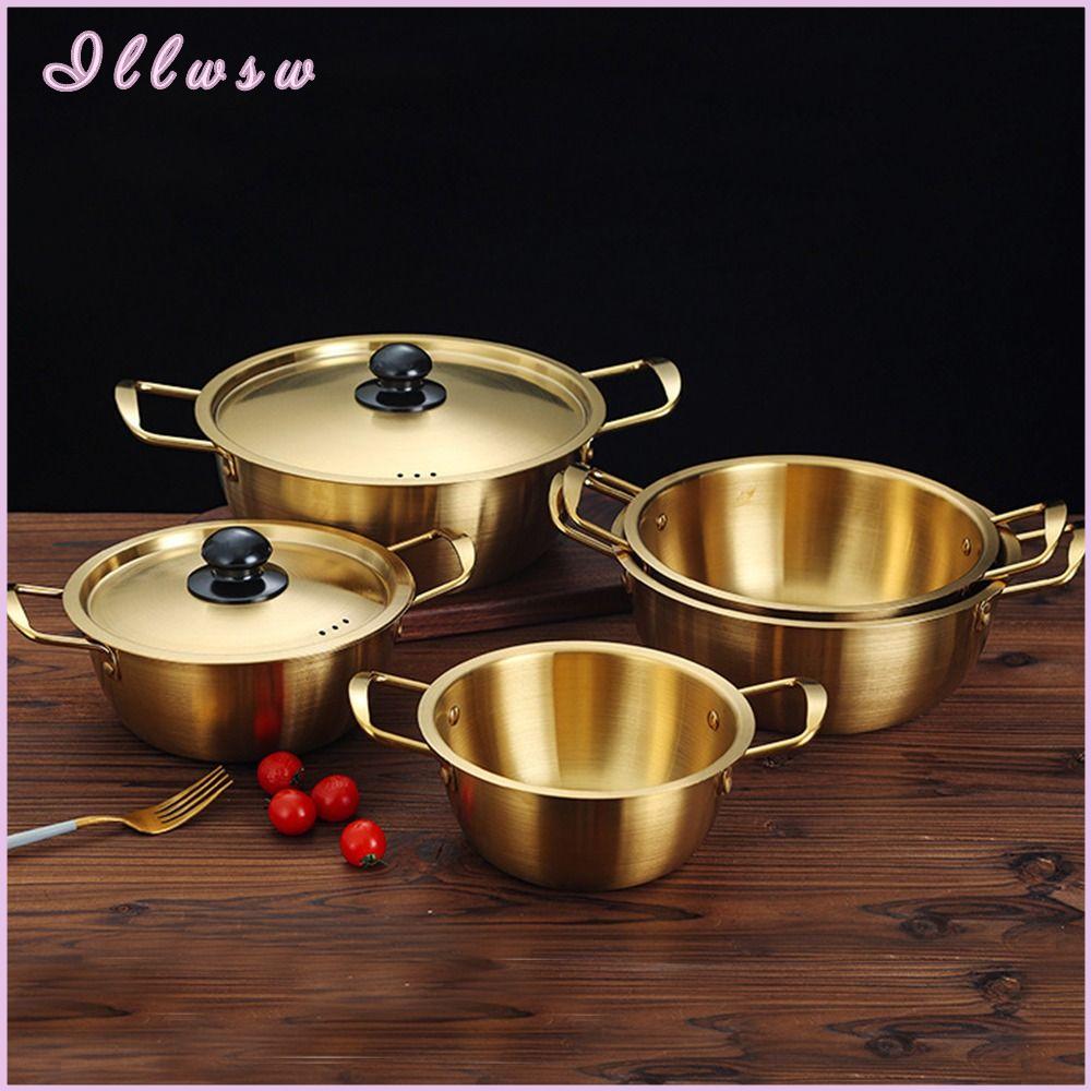 DENGXINHA7 mini Nồi mì ramen có nắp Thép không gỉ Nồi súp  Mạ vàng Lẩu Dụng cụ nấu ăn cắm trại
