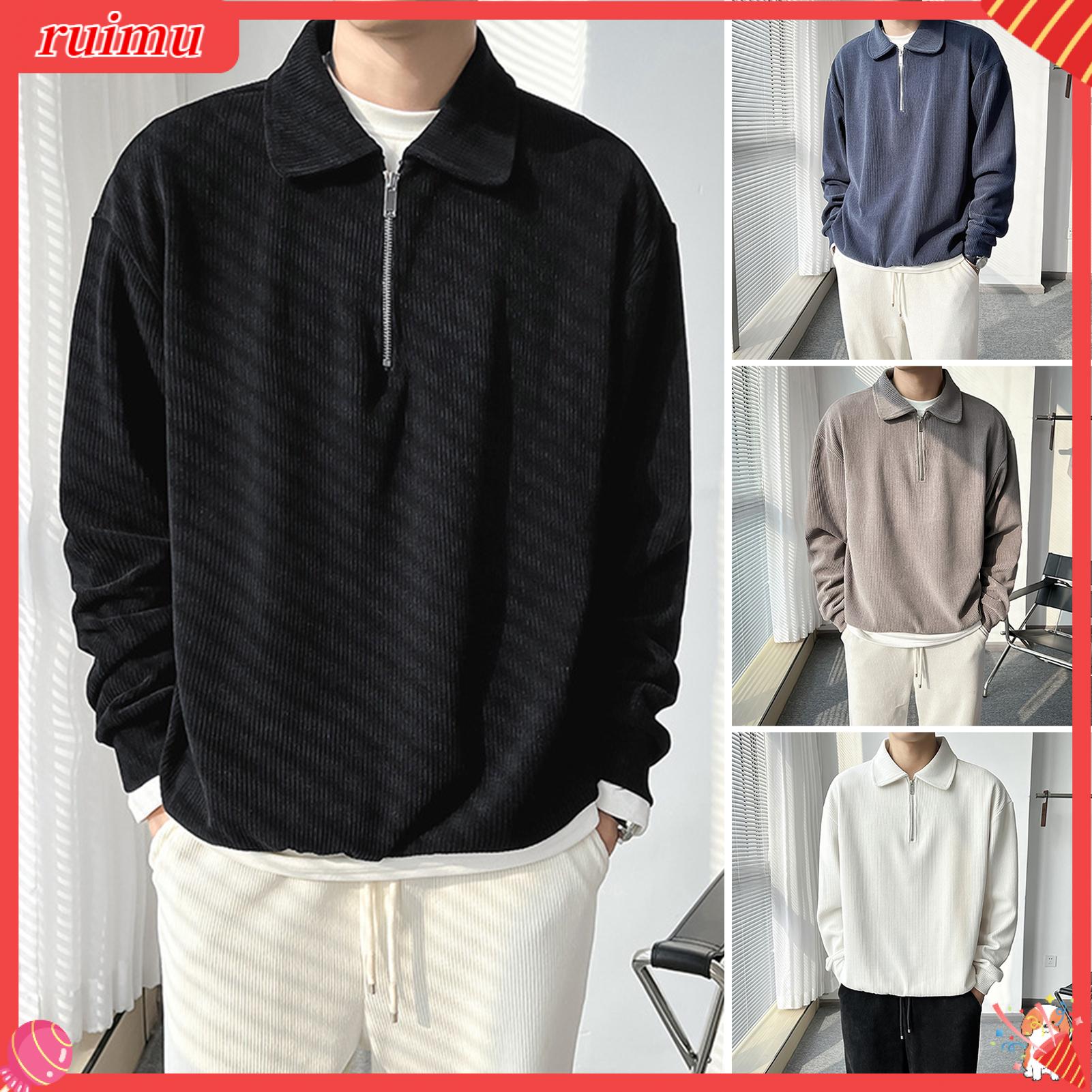 Ruimu nam rộng phù hợp với vải nhung kẻ Áo sơ mi thường ngày dài tay áo Áo Cổ LậT nam vải nhung kẻ Áo len chui đầu có khóa kéo dài một nửa Áo sơ mi với trang phục công sở sọc dọc cho mùa thu mùa xuân yêu thích