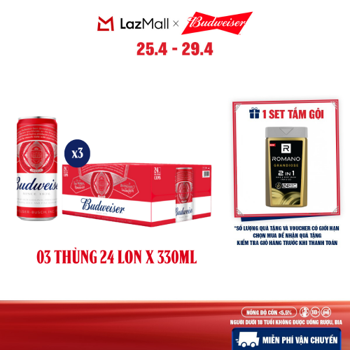 Combo 3 Thùng 24 Lon Bia Budweiser Sleek Can Chính Hãng (330ml/lon)