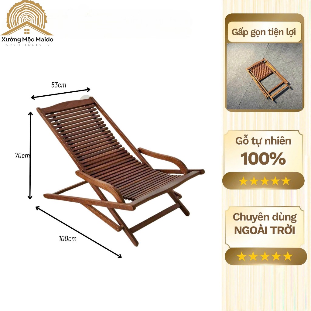 Ghế Xếp Thư Giãn Gấp Gọn Gỗ Tự Nhiên – Ghế NGả Ngoài Trời, Kiểu Nan Thoáng – Xưởng Mộc Maido
