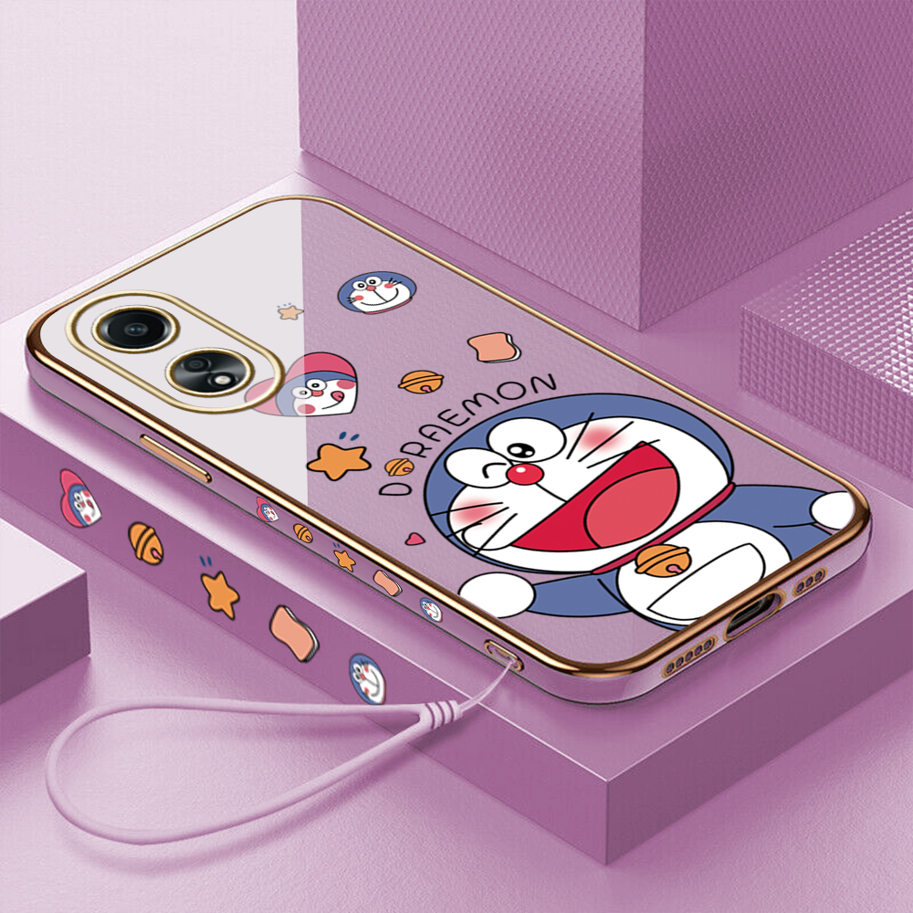 Ốp điện thoại cho OPPO A38 /OPPO A18 oppoa38 oppoa18 trường hợp cho cô gái chàng trai với dây buộc + dễ thương phim hoạt hình Doraemon Con mèo hạnh phúc Vỏ mạ lưng mềm Bìa