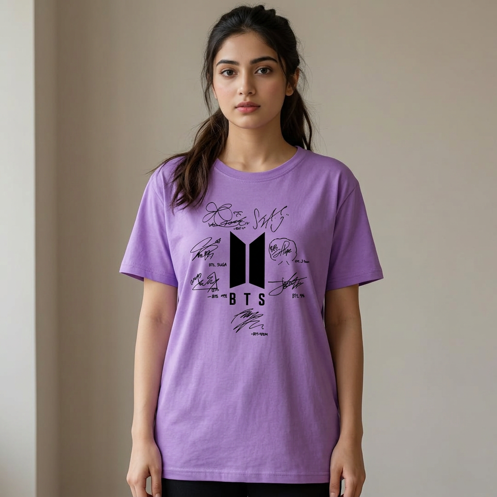 Light Purple Bts Signature Cotton Half Sleeves O Neck T Shirt For Women