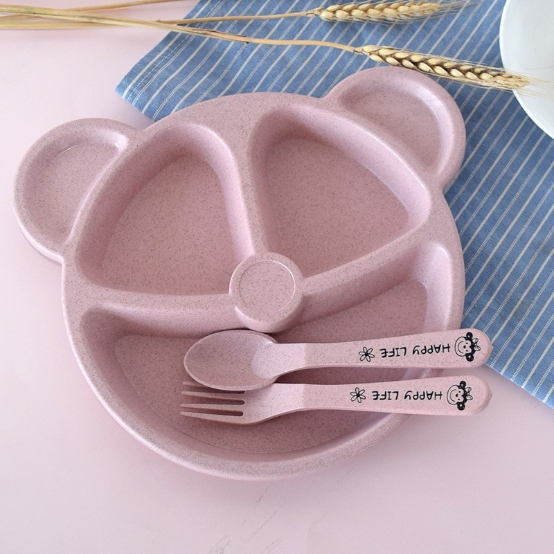 [Same Day Ship] 3Pcs/Set Baby Dinnerware Anti-hot Wheat Training Plate Baby Feeding Bowl Set Tableware Plates with Spoon and Fork