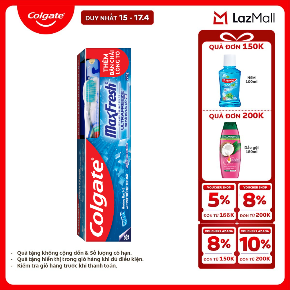 [Chỉ 15-17.4_X2 Voucher giảm đến 18%] Kem đánh răng Colgate MaxFresh ULTRAFREEZE the mát gấp 10X 225g /tuýp tặng bàn chải đánh răng lông mềm