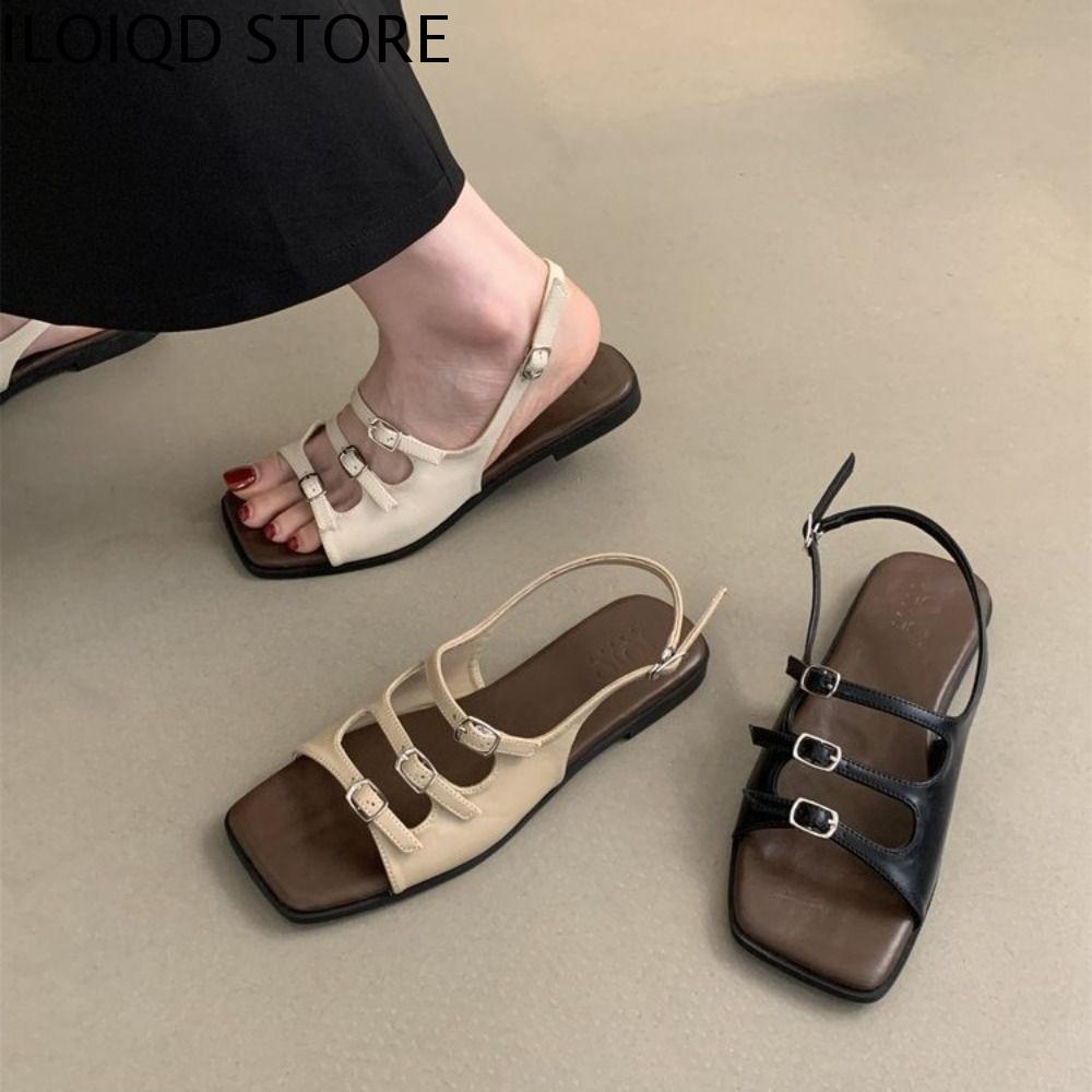 ILOIQD Pháp Xăng đan có khóa Thanh lịch Mùa hè Dép xăng đan nữ đế bằng Mới Bãi biển Giày La Mã Bé gái