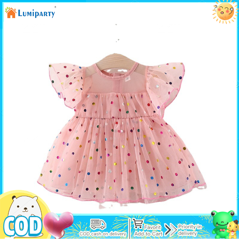 Baby Girls Princess Dress Summer Flying Sleeves Polka Dot Layered Tulle Tutu Dress For Birthday Party ราคา 221 บาท*ส่งฟรี