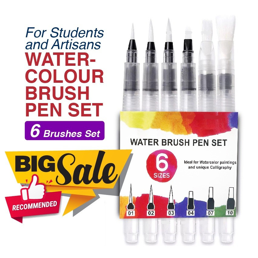 SG 6pcs Refillable Watercolour Brush Pen Set - Water Brush Pens for Art Colouring & Calligraphy