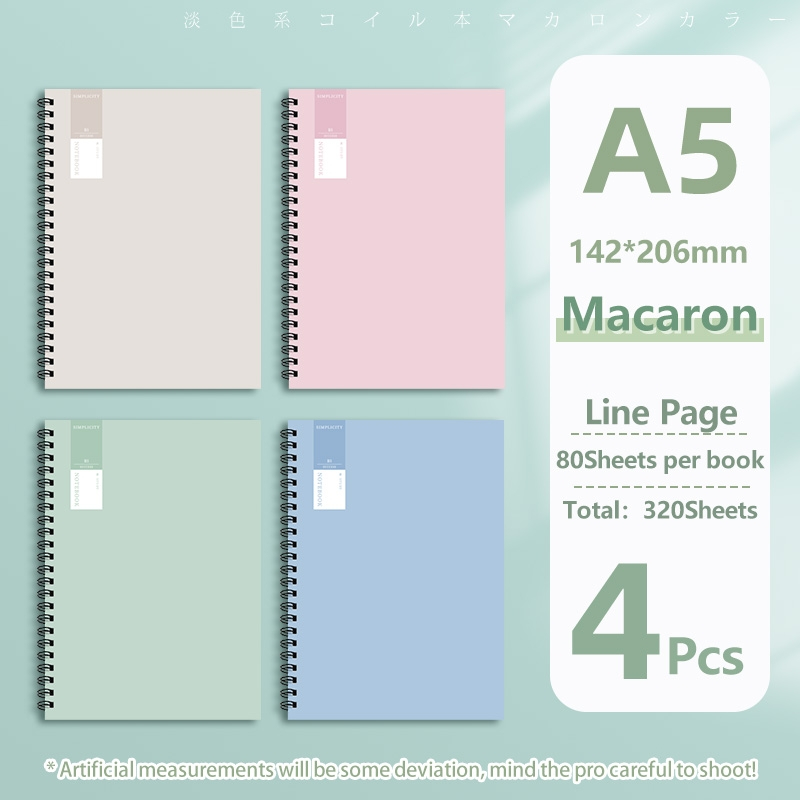 4Pcs A5/B5 Macaron 40/80 Sheets Double Coil Design Notebook Simple Art Style Spiral Notebook
