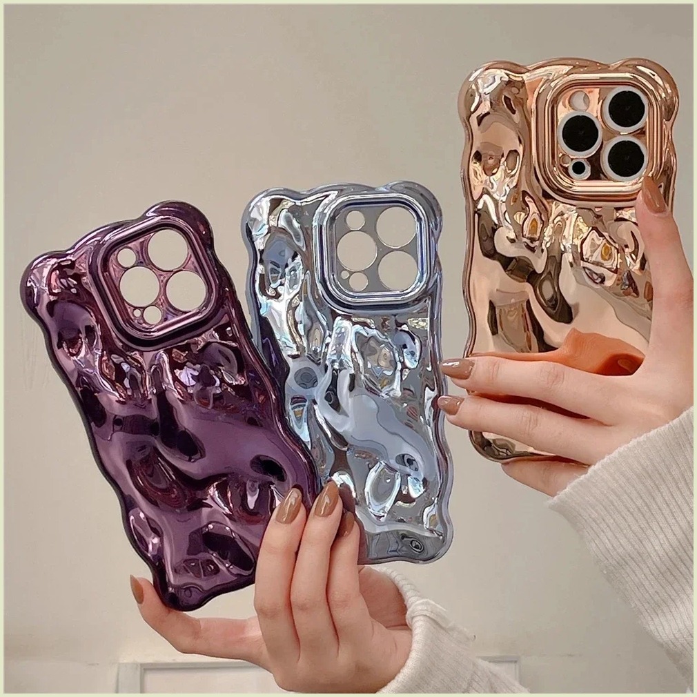 【fashion】 Luxury Plating Wrinkle Wavy Curly Edge Phone Case For iPhone 16 15 12 13 14 Pro Max 3D Unevenness Soft Camera Protection Cover