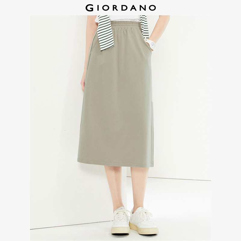  GIORDANO Nữ Chân váy 100% Cotton Lưng thun Chân váy dài xẻ tà Màu trơn Thời trang đơn giản Chân váy nỉ thường ngày 05465466 