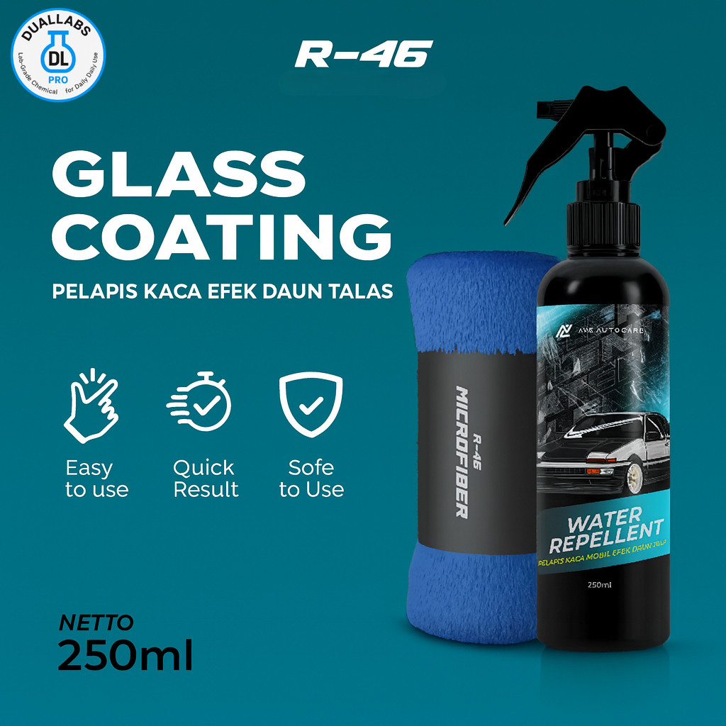 R46 glass coating water repellent 250ml anti hujan anti jamur kaca mobil dan helm bonus microfiber cairan hydrophobic premium Harga 35,000 rupiah*Gratis Ongkir