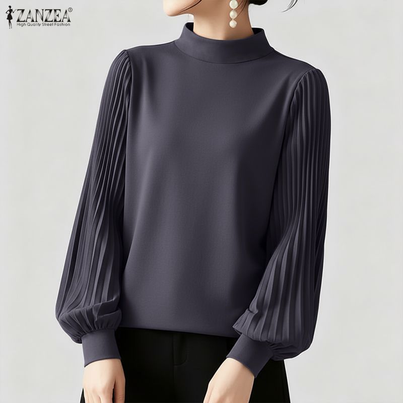 (3 Days Delivery) ZANZEA Korean Style Women Trendy Stand Collar Solid Color Blouses Long Sleeve Pleated Casual Top #F ราคา 197 บาท*ส่งฟรี