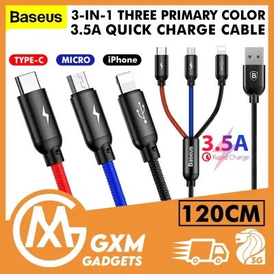 Baseus Three Primary Color 3 in 1 3.5A Fast Charging Cable IOS Android USB C Micro USB Lightning Charging Cable 0.3m
