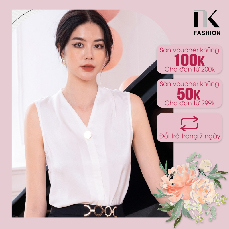 Áo sơ mi lụa nữ nk fashion thiết kế sát nách xếp vai đính khuy tinh tế, chất vải mềm nhẹ nksm2204004