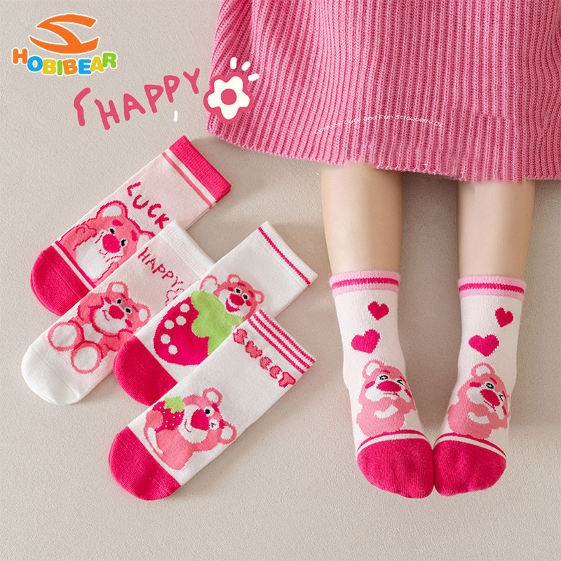 HOBIBEAR Strawberry Bear Children's Socks New Cartoon Baby Girl Pink Medium Tube Cotton Socks Cute Girls Socks ราคา 59 บาท*ส่งฟรี