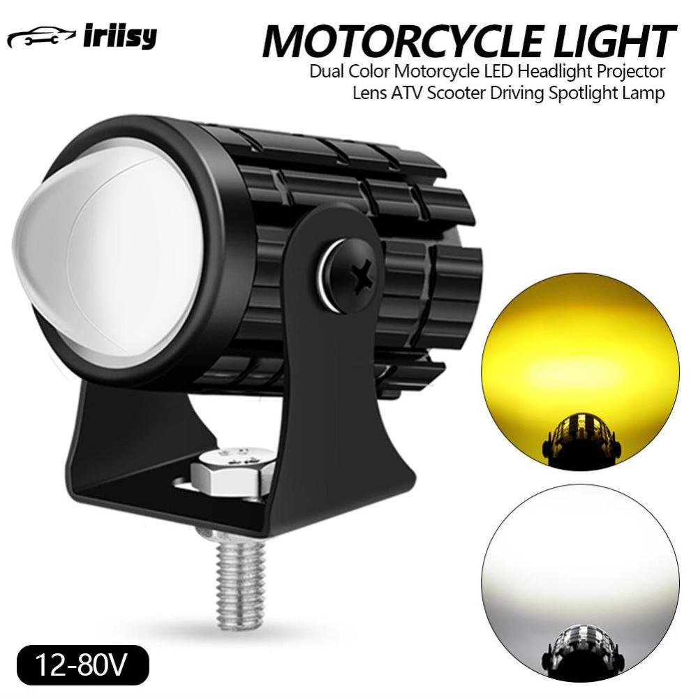 iriisy 12-80V Dual Color Motorcycle LED Headlight Projector Lens ATV Scooter Driving Spotlight Lamp