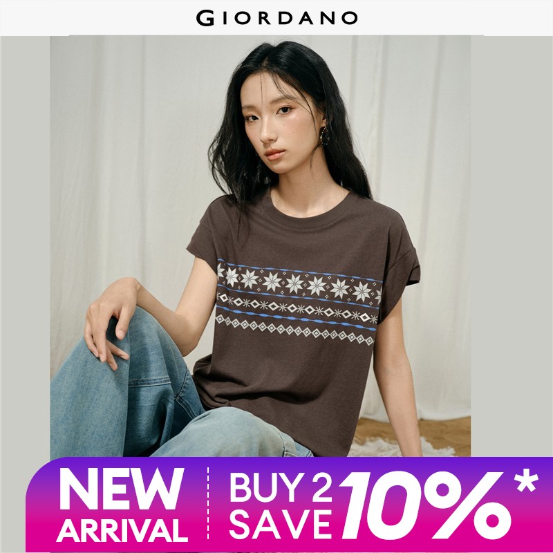 GIORDANO Women T-Shirts Ethnic Print Dolman Sleeve Tee Crewneck Loose Fit Vintage Fashionable Casual T-Shirts 18326825 ราคา 1,549 บาท*ส่งฟรี