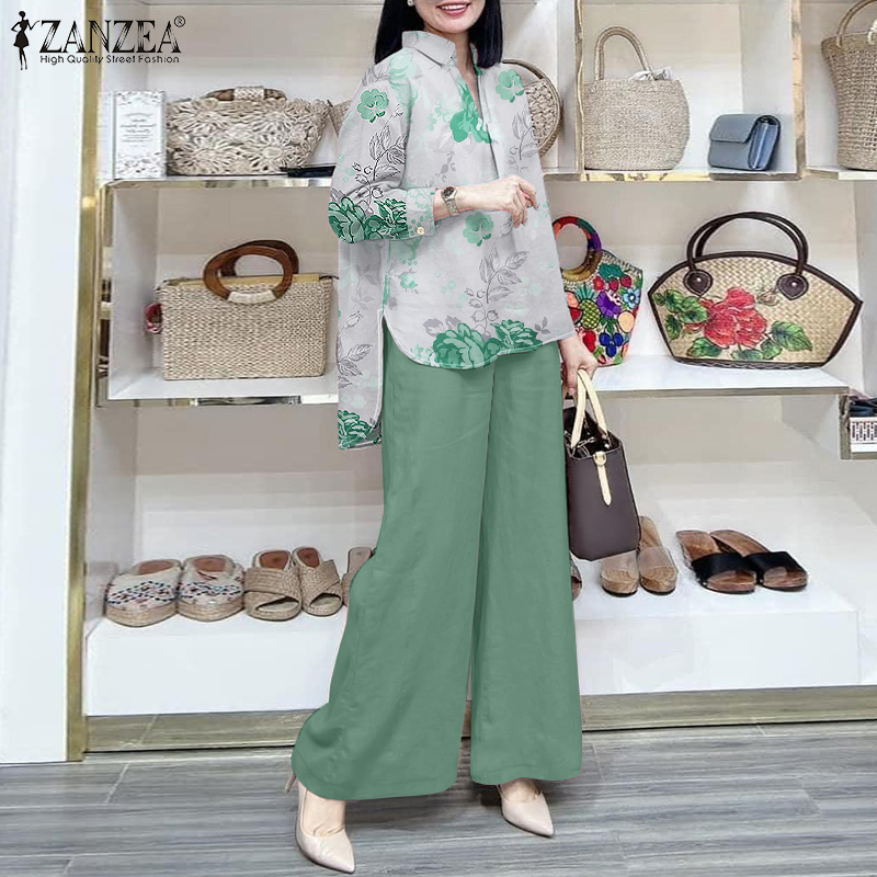 ZANZEA Women Two-piece Outfits Floral Print Long Sleeve Turn-Down-Collar Button Up Shirt Long Pants Elegant Sets #0303 ราคา 430 บาท*ส่งฟรี