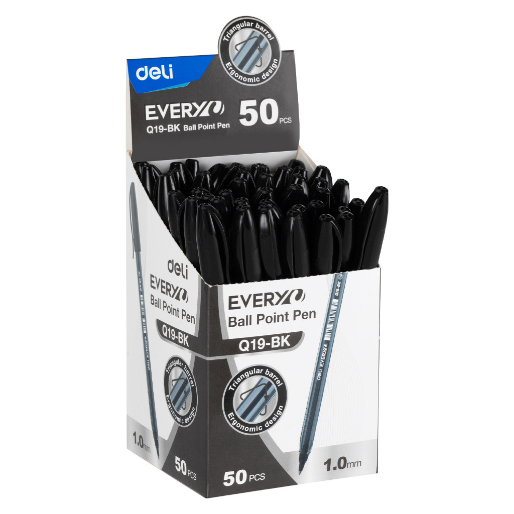 Deli Q19 1.0mm Smooth-Writing Ballpoint Bullet Tip Pen 50pcs/box Black/Blue/Green/Red