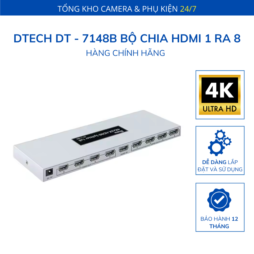 Bộ chia HDMI 1 ra 8 DTECH DT-7148B cổng ra đồng bộ, độ phân giải 4K, tín hiệu Ổn Định C41