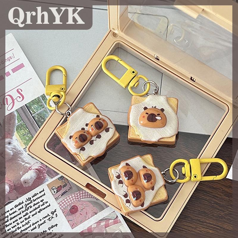 QrhYK Thời trang sáng tạo bánh mì nướng bánh mì capybara Keychain dễ thương phim hoạt hình Ba Lô Trang trí phụ kiện vui xe Keyring Quà Tặng Mặt dây chuyền