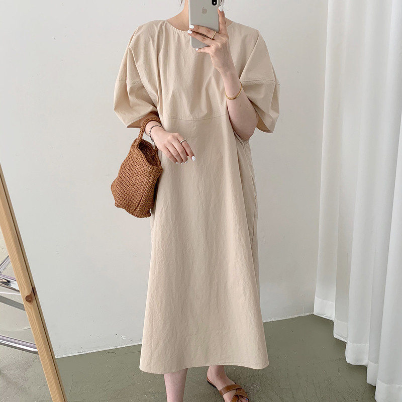 Hàn Quốc Chic Chủ Nghĩa Tối Giản Thích Hợp Bạc Hà Trắng Cổ Tròn Dáng Suông Rộng Thông Dụng Tay Bồng Đầm Váy Dài