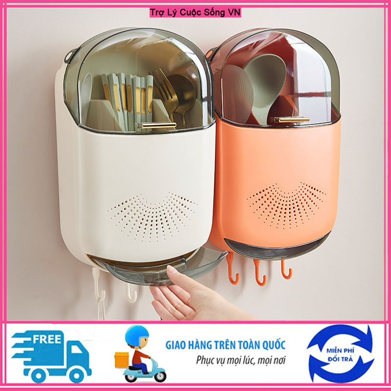 【Miễn phí vận chuyển】Hộp đựng đũa muỗng có nắp đậy gắn tường, Ống đựng đũa treo tường chống bụi, ngăn côn trùng tích hợp móc treo